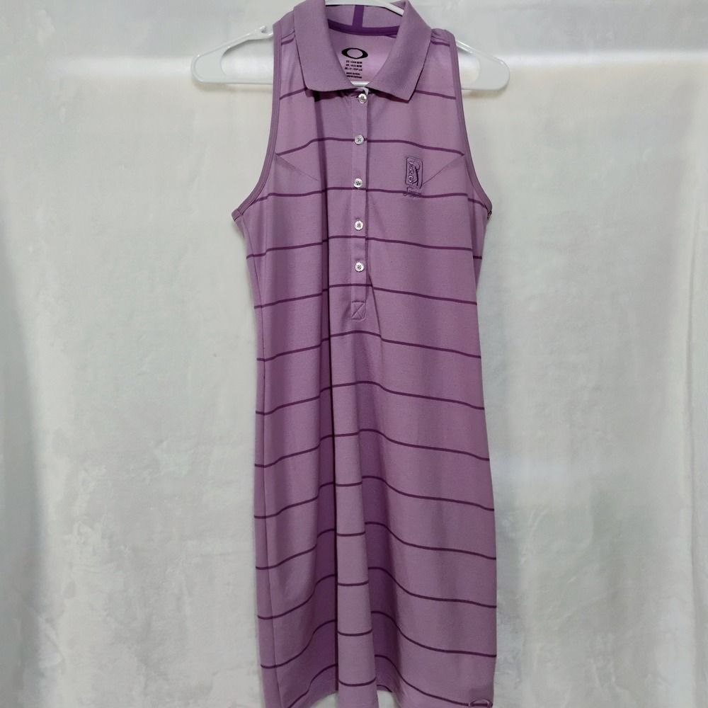 Oakley TPC Sawgrass Sleeveless Golf Polo Dress Womens Medium Purple Striped W‎